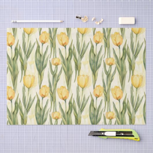 Waterverf Style Yellow Tulips All-over Print Tissuepapier (Craft)