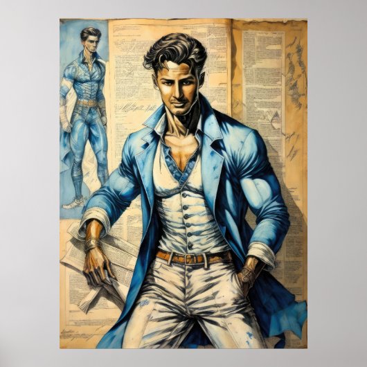 Waterverf Suave Man Krantenpapier Collage Poster (Voorkant)