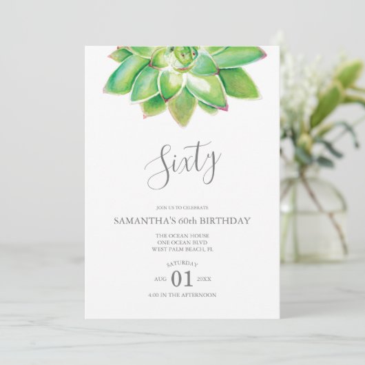 Waterverf Succulent 60th Birthday Invitation Kaart (Staand voorkant)
