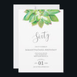 Waterverf Succulent 60th Birthday Invitation Kaart<br><div class="desc">Vertel het de botanische 60e verjaardag van A Belle lijsten uw gebeurtenisdetails met een hoogste boarder van een waterverf succulent. Een passende grijs kleurt de rug van uw uitnodiging. Een boho chic maar moderne keuze voor je feest- of tuinfeest. Woorden kunnen worden gewijzigd in 50th, 70th, 80th, Cheers tot 60...</div>