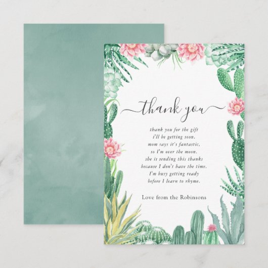 Waterverf Succulent Baby shower Bedankkaart (Voorkant / Achterkant)