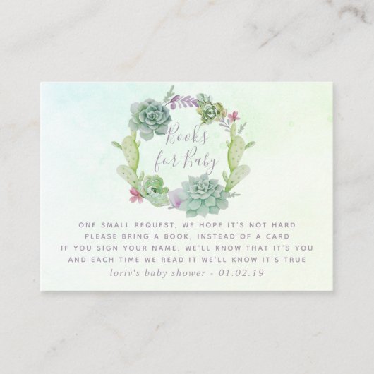 Waterverf Succulent Baby shower Book Request Informatiekaartje (Voorkant)