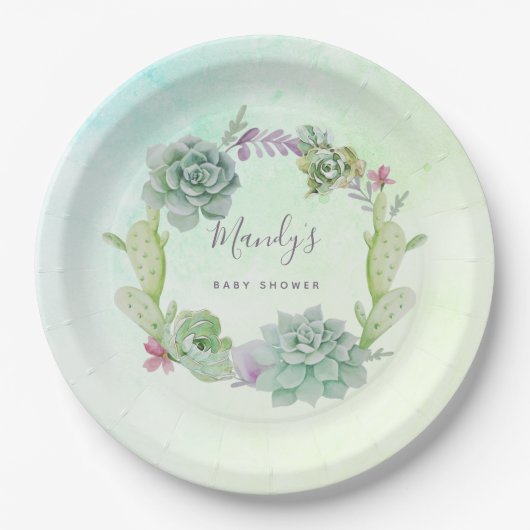 Waterverf Succulent Baby shower Papieren Bordje (Voorkant)