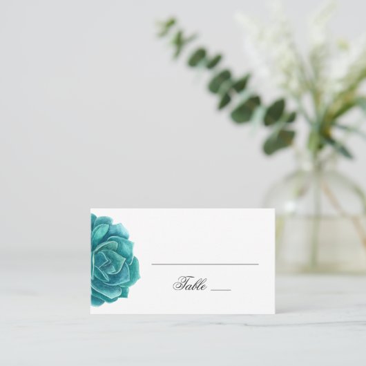 Waterverf succulent. Blauwe & blauwgroen bruiloft. Plaatskaartje (Staand voorkant)