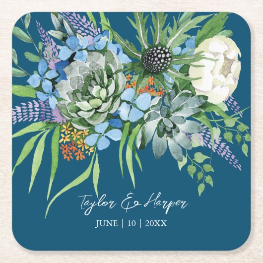 Waterverf Succulent Bloemen Boeket Boho Bruiloft Kartonnen Onderzetters (Voorkant)