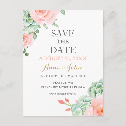 Waterverf Succulent Blush Floral Elegant Wedding Aankondigingskaart (Voorkant)