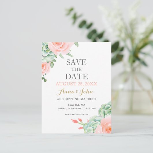 Waterverf Succulent Blush Floral Elegant Wedding Aankondigingskaart (Staand voorkant)