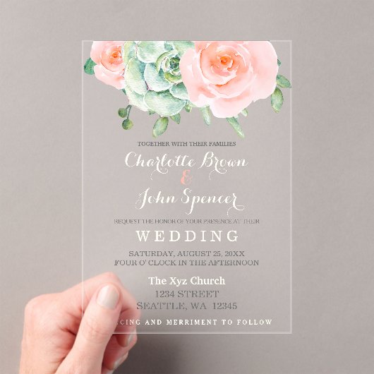 Waterverf Succulent Blush Floral Elegant Wedding Acryl Uitnodigingen (Insitu (Draagbaar))