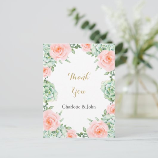 Waterverf Succulent Blush Floral Elegant Wedding Briefkaart (Staand voorkant)