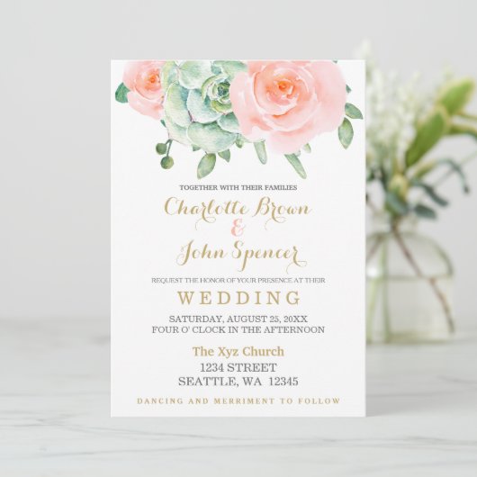 Waterverf Succulent Blush Floral Elegant Wedding Kaart (Staand voorkant)