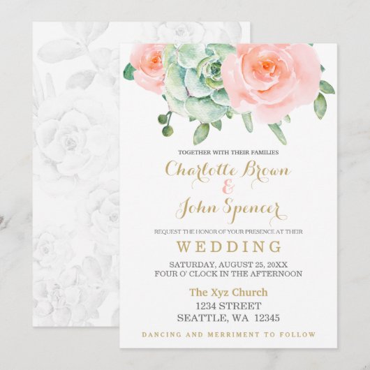 Waterverf Succulent Blush Floral Elegant Wedding Kaart (Voorkant / Achterkant)