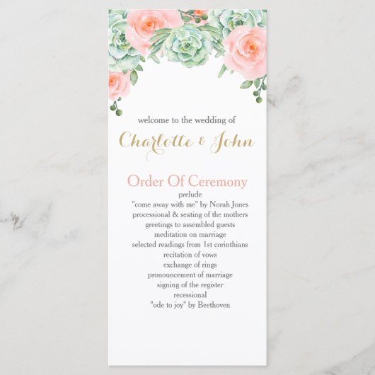 Waterverf Succulent Blush Floral Elegant Wedding Programmakaart (Voorkant)