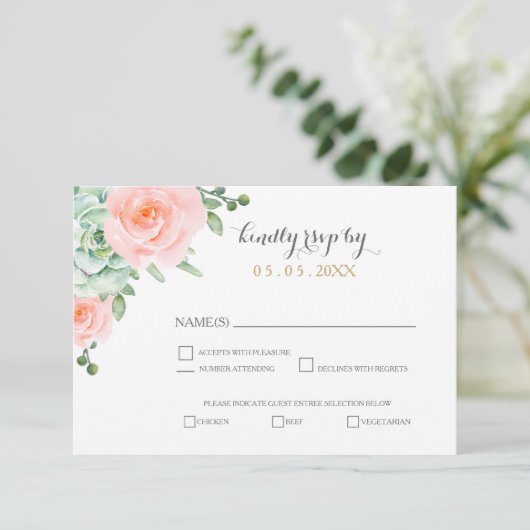 Waterverf Succulent Blush Floral Elegant Wedding RSVP Kaartje (Staand voorkant)