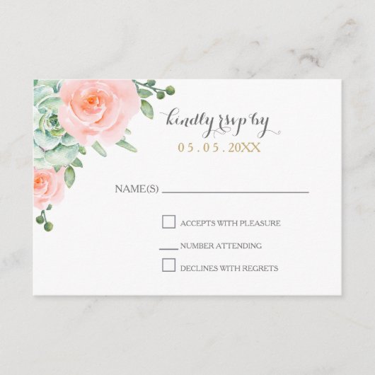 Waterverf Succulent Blush Floral Elegant Wedding RSVP Kaartje (Voorkant)