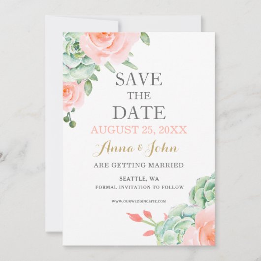 Waterverf Succulent Blush Floral Elegant Wedding Save The Date (Voorkant)