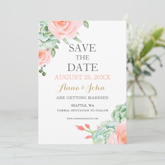 Waterverf Succulent Blush Floral Elegant Wedding Save The Date (Staand voorkant)