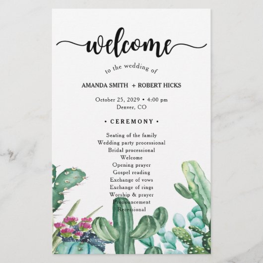 Waterverf Succulent Cactus Floral Wedding Programm (Voorkant)