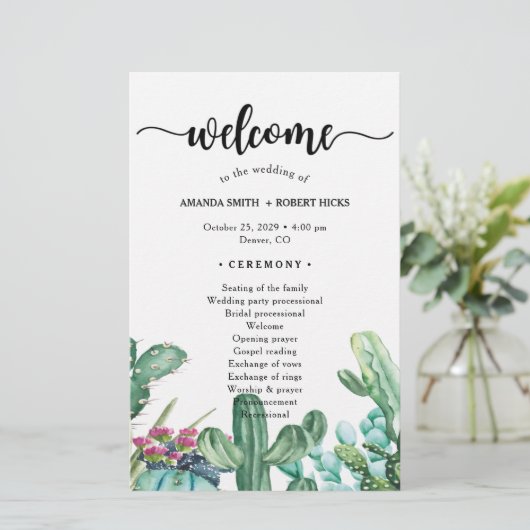 Waterverf Succulent Cactus Floral Wedding Programm (Staand voorkant)