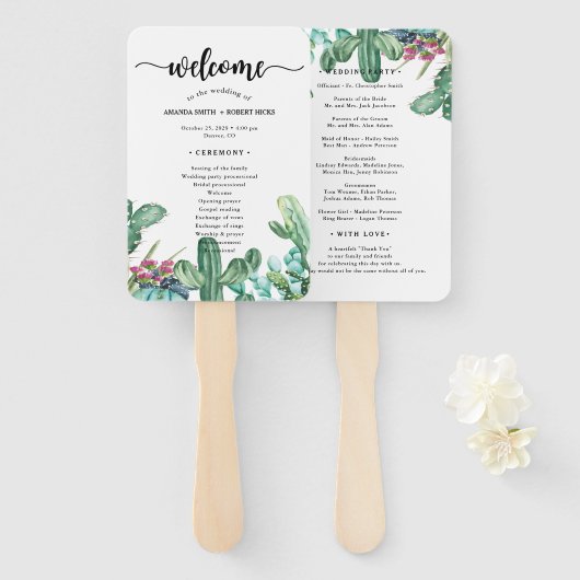 Waterverf Succulent Cactus Floral Wedding Programm Handwaaier (Voorkant en achterkant)