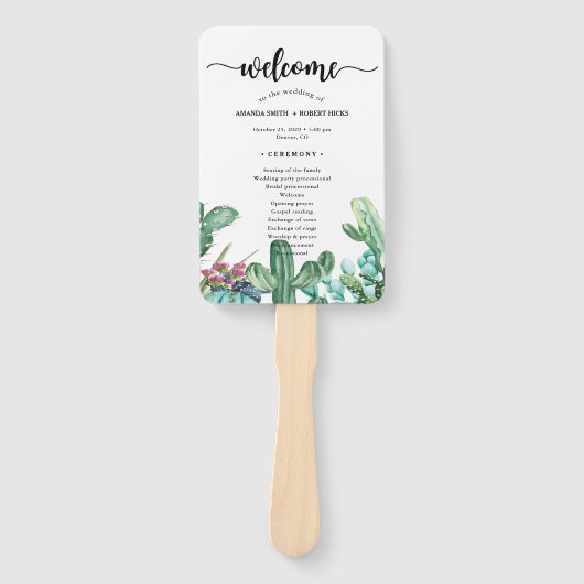 Waterverf Succulent Cactus Floral Wedding Programm Handwaaier (Voorkant)