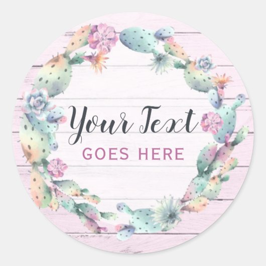 Waterverf Succulent Cactus & Rustic Wood Bohemian Ronde Sticker (Voorkant)