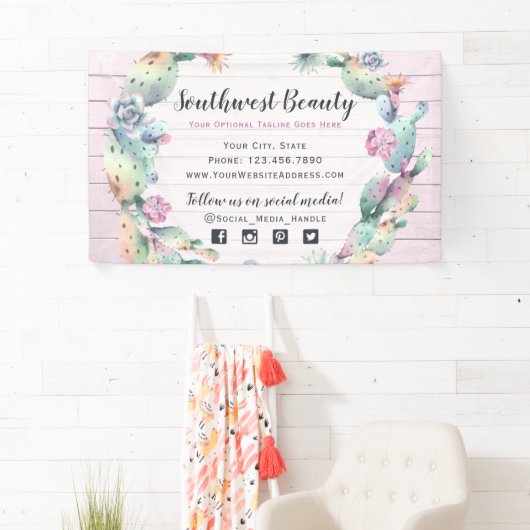 Waterverf Succulent Cactus & Rustic Wood Bohemian Spandoek (Insitu)