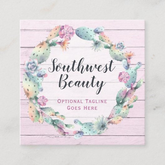 Waterverf Succulent Cactus & Rustic Wood Bohemian Vierkante Visitekaartje (Voorkant)