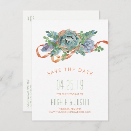 Waterverf Succulent Cluster Sla de datum 2 op Aankondigingskaart (Voorkant / Achterkant)