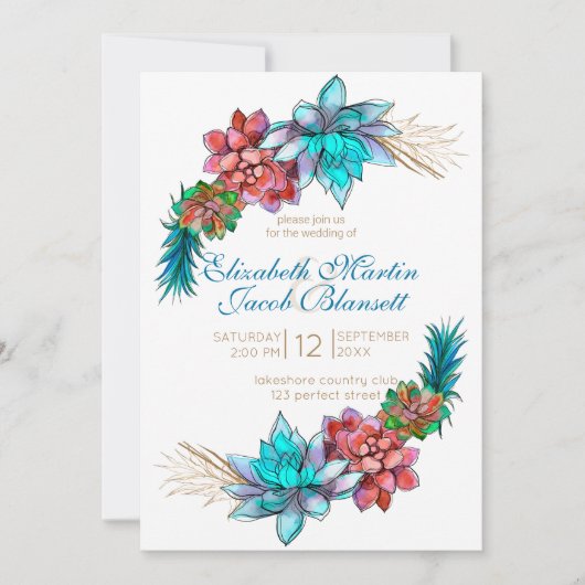 Waterverf Succulent, diep blauwgroen Bruiloft Kaart (Voorkant)