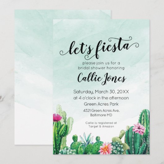 Waterverf Succulent Fiesta doucheuitnodiging Kaart (Voorkant / Achterkant)