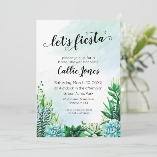 Waterverf Succulent Fiesta doucheuitnodiging Kaart (Staand voorkant)