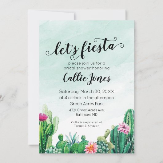 Waterverf Succulent Fiesta Uitnodiging voor Bruids (Voorkant)