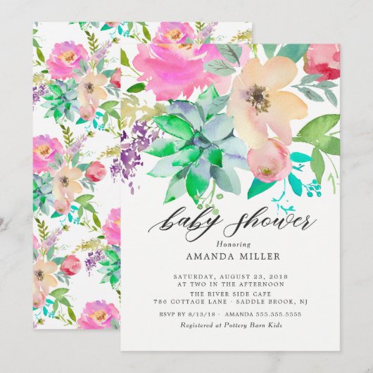 Waterverf Succulent Floral Baby shower Invitation Kaart (Voorkant / Achterkant)