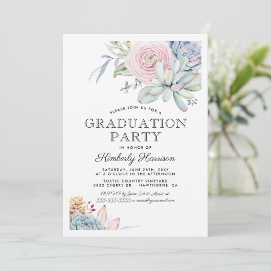Waterverf Succulent Floral Graduation Party Kaart (Staand voorkant)