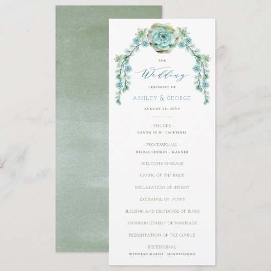Waterverf Succulent Flower Garden Wedding Programm Kaart (Voorkant / Achterkant)