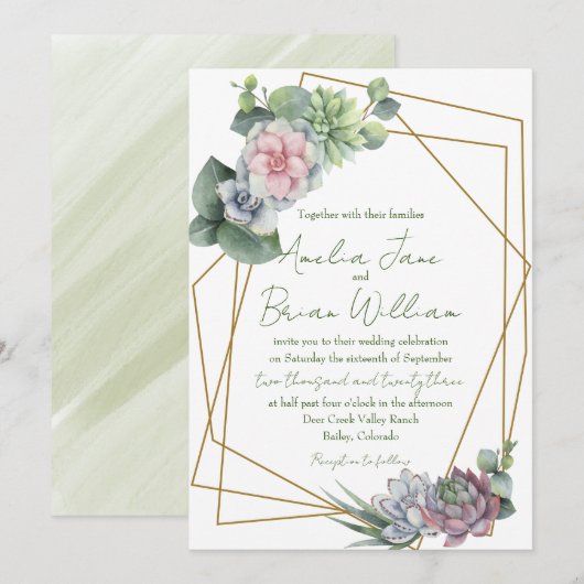 Waterverf Succulent Geometric Plant Wedding Kaart (Voorkant / Achterkant)