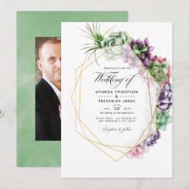 Waterverf Succulent Geometric Wedding Foto Kaart