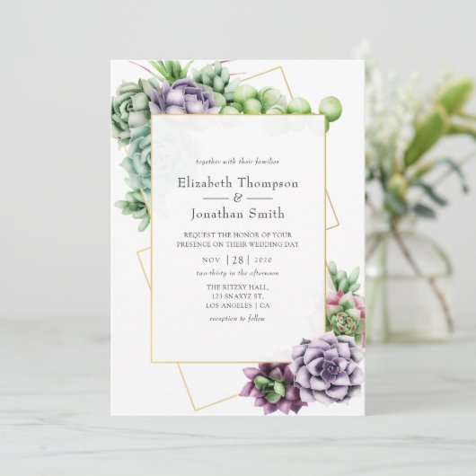 Waterverf Succulent Geometric Wedding Kaart (Staand voorkant)