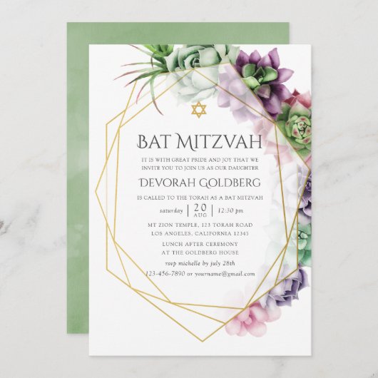 Waterverf Succulent Geometrische bat Mitzvah Kaart (Voorkant / Achterkant)