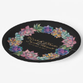 Waterverf Succulent Krans zwart Bruiloft Papieren Bordje (Gekanteld)