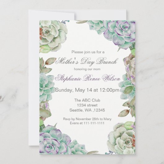 Waterverf Succulent Moederdag Brunch Nodigt uit Kaart (Voorkant)