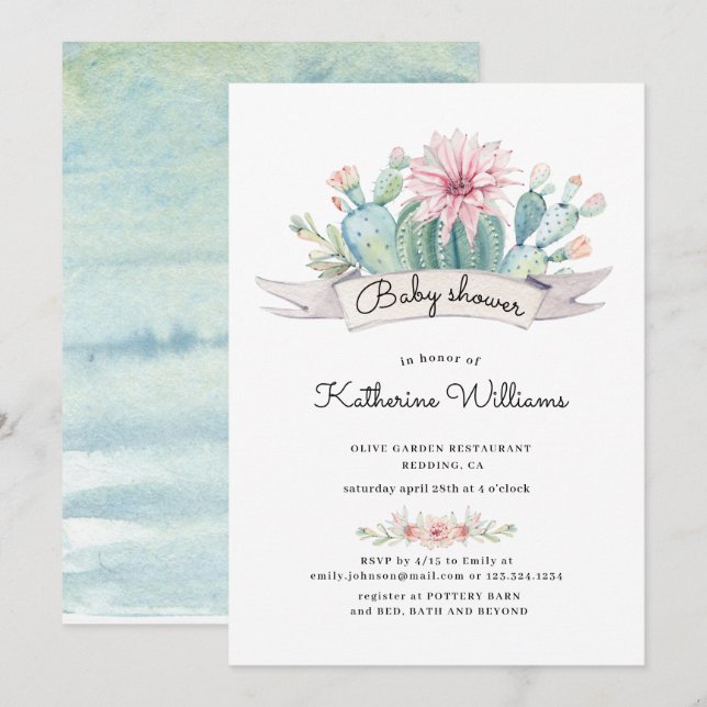 Waterverf Succulent Pastel Mooie Baby Shower (Voorkant / Achterkant)