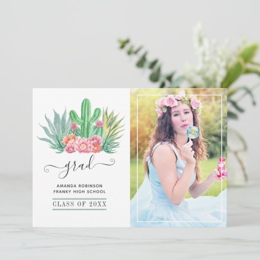 Waterverf Succulent Plant Afstuderen Foto Aankondiging (Staand voorkant)