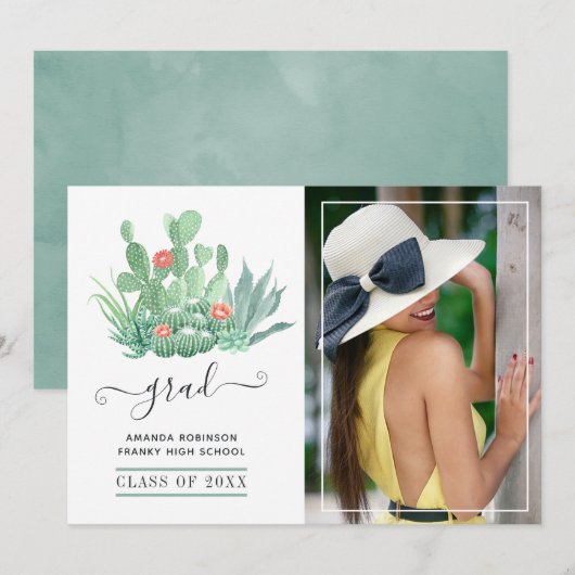 Waterverf Succulent Plant Afstuderen Foto Aankondiging (Voorkant / Achterkant)