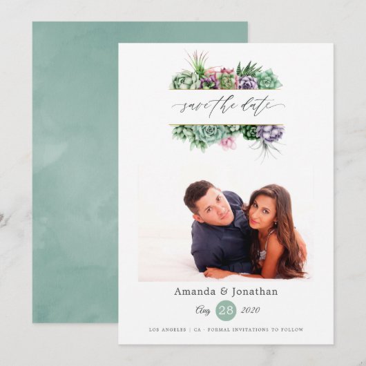 Waterverf Succulent Planten Foto bruiloft Save The Date (Voorkant / Achterkant)