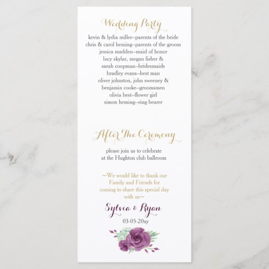 waterverf succulent pruim rozen bruiloft programma programmakaart (Achterkant)