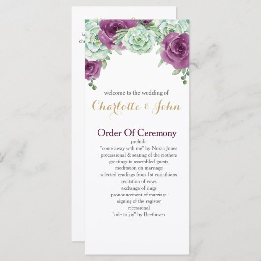 waterverf succulent pruim rozen bruiloft programma programmakaart (Voorkant / Achterkant)