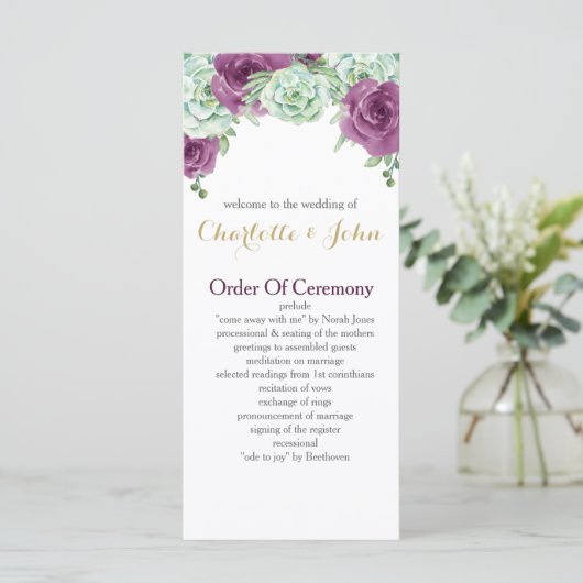 waterverf succulent pruim rozen bruiloft programma programmakaart (Staand voorkant)