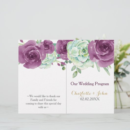 waterverf succulent rozen bruiloft programma (Staand voorkant)