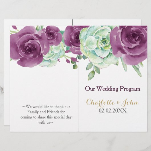 waterverf succulent rozen bruiloft programma (Voorkant / Achterkant)